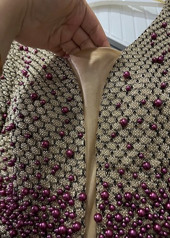 Mor Uzun Kollu İşlemeli Kadın Abiye Elbise - Görsel 4