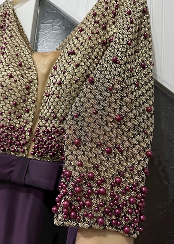 Mor Uzun Kollu İşlemeli Kadın Abiye Elbise - Görsel 3