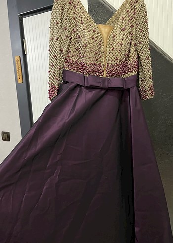 Mor Uzun Kollu İşlemeli Kadın Abiye Elbise - Görsel 5