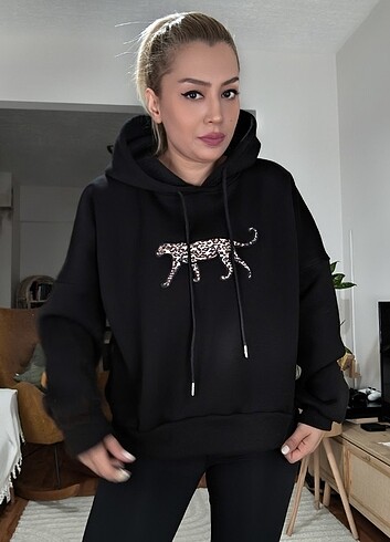 Diğer Leopar Nakışlı Kapişonlu Sweatshirt