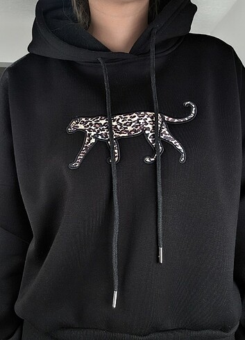 s Beden Leopar Nakışlı Kapişonlu Sweatshirt
