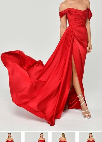 omuzları düşük straplez saten uzun abiye elbise - Görsel 6