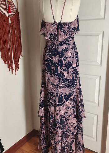 Uzun Drapeli Pembe Desenli Elbise - Görsel 7