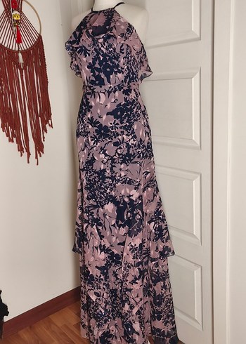 Uzun Drapeli Pembe Desenli Elbise - Görsel 4