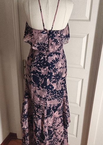 Uzun Drapeli Pembe Desenli Elbise - Görsel 6