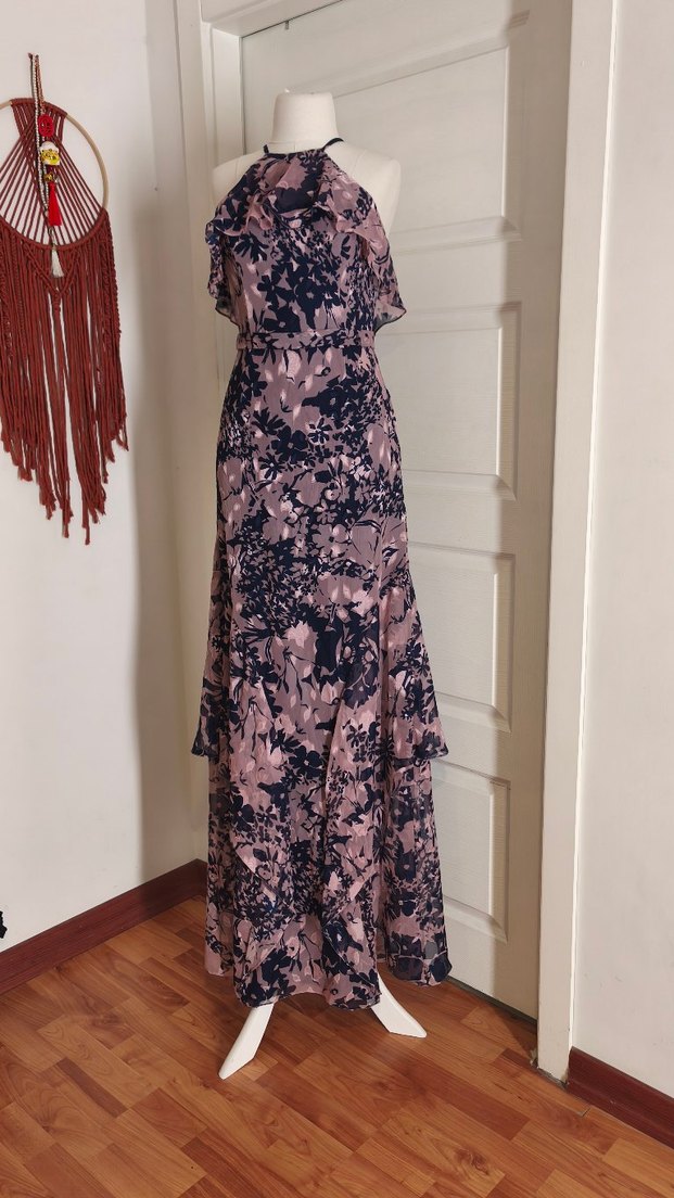 Uzun Drapeli Pembe Desenli Elbise - Görsel 5