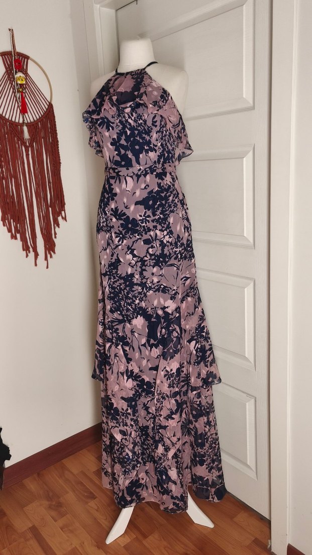 Uzun Drapeli Pembe Desenli Elbise - Görsel 4