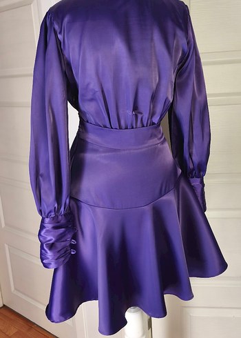 Parlak Mor Kemerli Mini Saten Elbise - Görsel 7