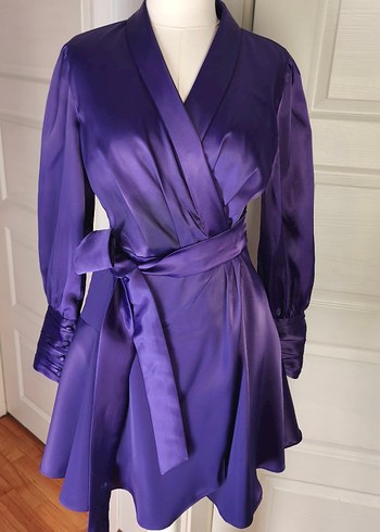 Parlak Mor Kemerli Mini Saten Elbise - Görsel 4