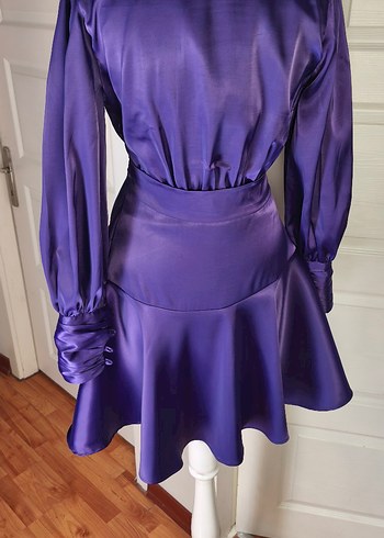 Parlak Mor Kemerli Mini Saten Elbise - Görsel 9