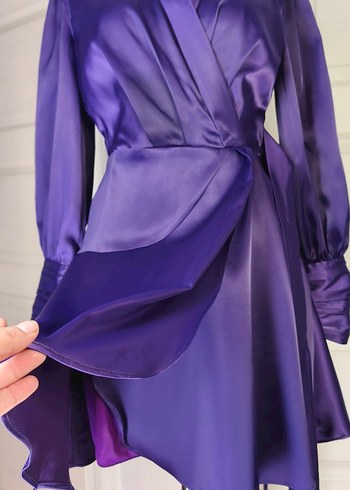 Parlak Mor Kemerli Mini Saten Elbise - Görsel 14