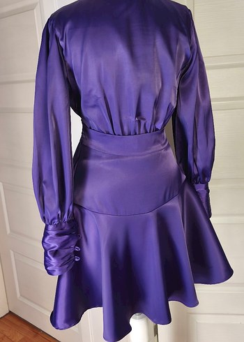 Parlak Mor Kemerli Mini Saten Elbise - Görsel 10