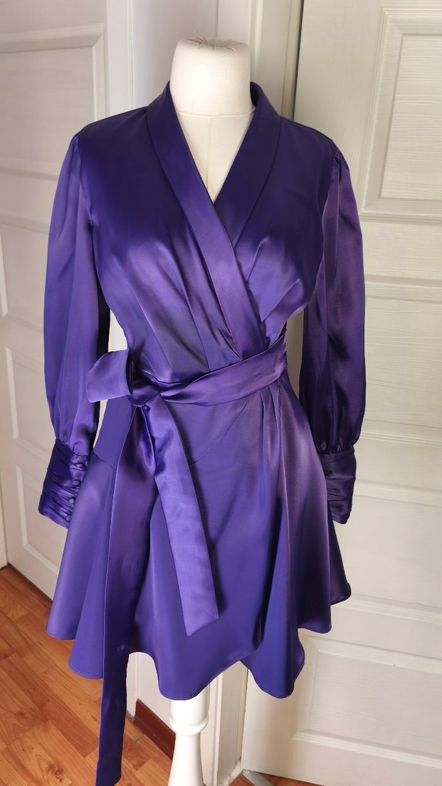 Parlak Mor Kemerli Mini Saten Elbise - Görsel 4