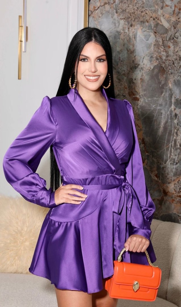 Parlak Mor Kemerli Mini Saten Elbise - Görsel 2