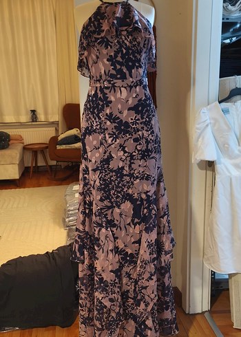 Pembe Desenli Uzun Drapeli Kadın Elbise - Görsel 9