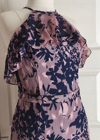 Pembe Desenli Uzun Drapeli Kadın Elbise - Görsel 2