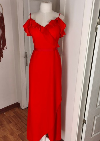 Kırmızı Drapeli Uzun Askılı Abiye Elbise - Görsel 4