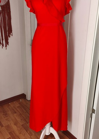 Kırmızı Drapeli Uzun Askılı Abiye Elbise - Görsel 3
