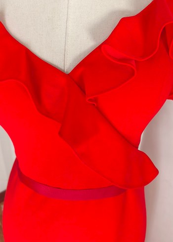 Kırmızı Drapeli Uzun Askılı Abiye Elbise - Görsel 6