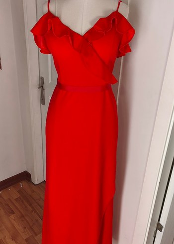 Kırmızı Drapeli Uzun Askılı Abiye Elbise - Görsel 2