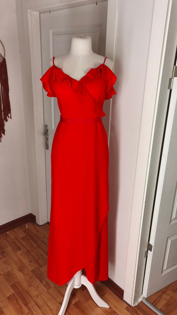 Kırmızı Drapeli Uzun Askılı Abiye Elbise - Görsel 4