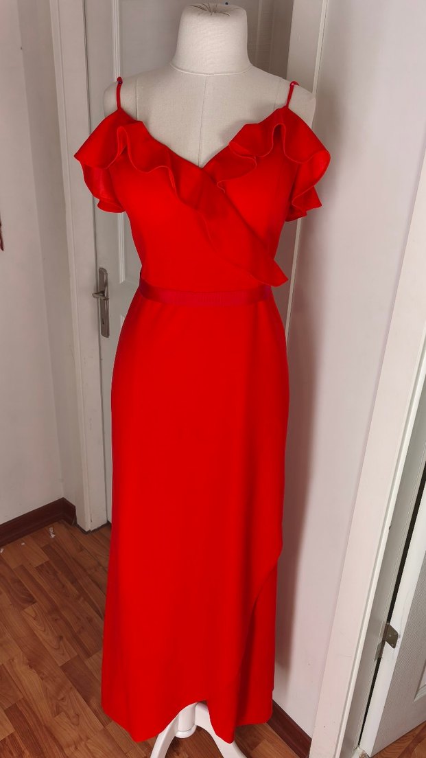 Kırmızı Drapeli Uzun Askılı Abiye Elbise - Görsel 2