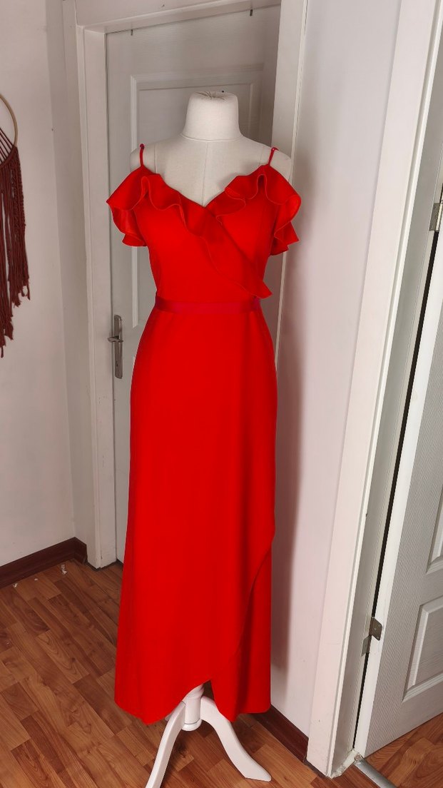 Kırmızı Drapeli Uzun Askılı Abiye Elbise - Görsel 5