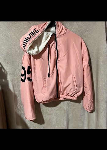 Pembe Kapüşonlu Kadın Kısa Peluş mont