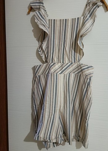 Çizgili Bej Kadın Mini Tulum
