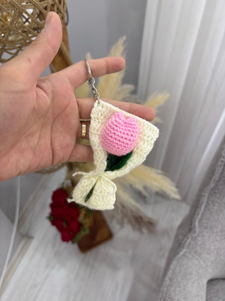 Pembe Örgü Bohem Anahtarlık - Görsel 3