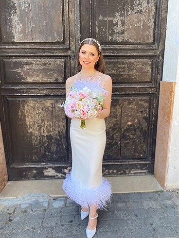 Abiye Beyaz Otrişli Straplez Nikah/Düğün Elbisesi