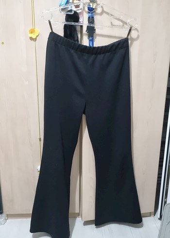 Kadın siyah Midi İspanyol Paça Kemerli Pantolon - Görsel 2