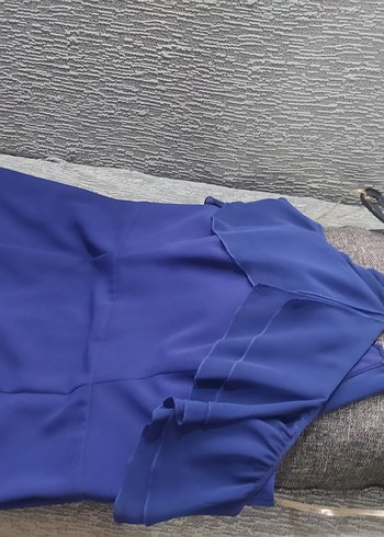 Lacivert Drapeli Uzun V Yaka Elbise - Görsel 4