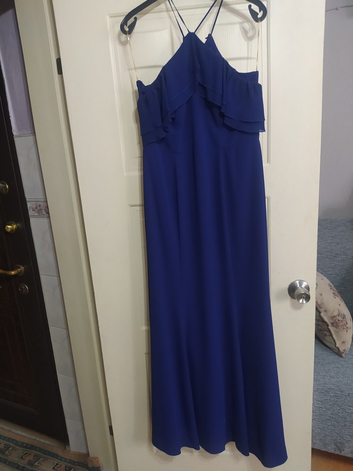 Lacivert Drapeli Uzun V Yaka Elbise - Görsel 2