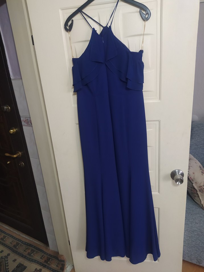 Lacivert Drapeli Uzun V Yaka Elbise - Görsel 3