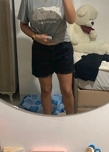 Gri Baskılı Kadın Bermuda Kot Şort - Görsel 2