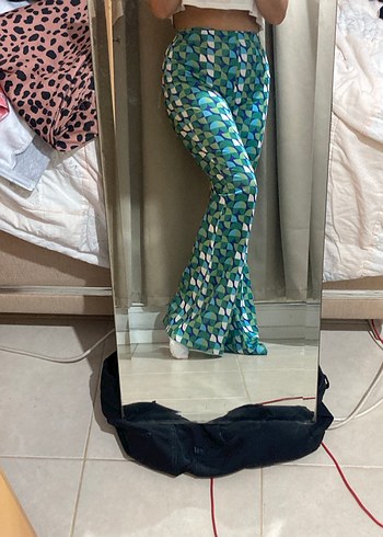 yeşil mavi Desenli yüksek bel İspanyol Pantolon - Görsel 2