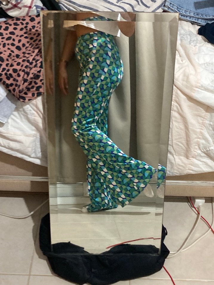 yeşil mavi Desenli yüksek bel İspanyol Pantolon - Görsel 3