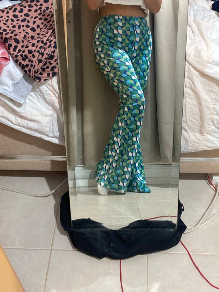 yeşil mavi Desenli yüksek bel İspanyol Pantolon - Görsel 2