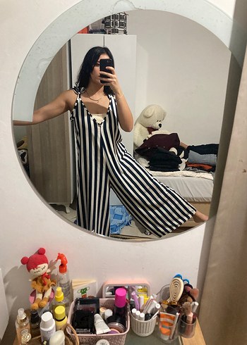 Çizgili Uzun Askılı Kadın Tulum