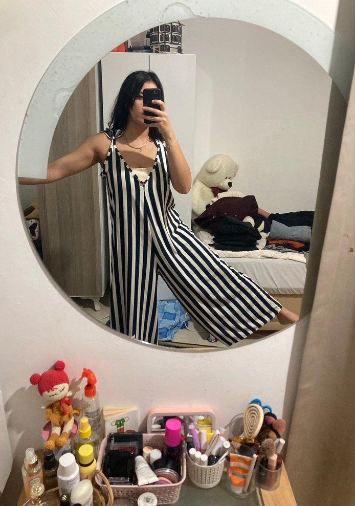 Çizgili Uzun Askılı Kadın Tulum - Görsel 2