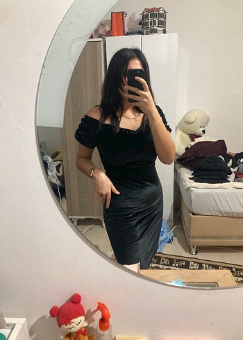 l Beden kadife Siyah V Yaka Gotik Mini Elbise