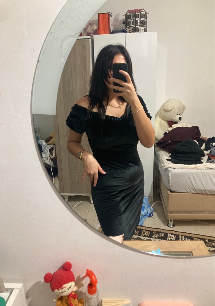 kadife Siyah V Yaka Gotik Mini Elbise - Görsel 3