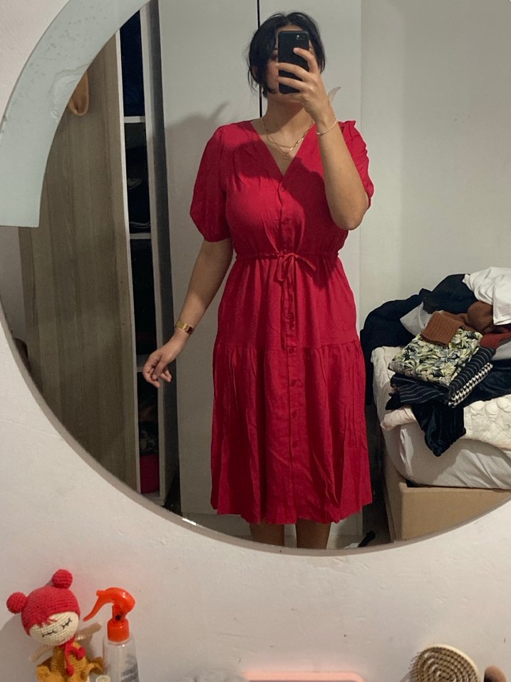 soluk Kırmızı V Yaka Midi Bohem Elbise - Görsel 2