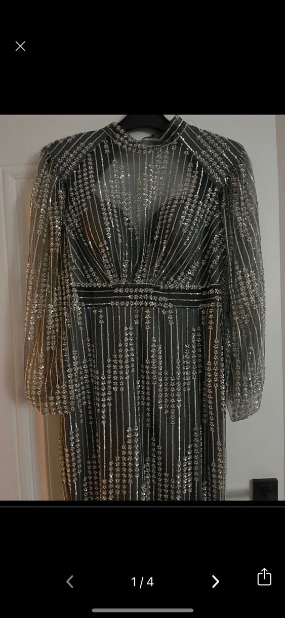 Gri V Yaka Drapeli Uzun Abiye Elbise - Görsel 3