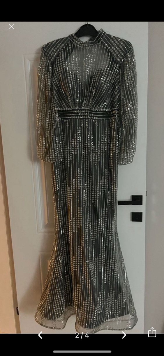 Gri V Yaka Drapeli Uzun Abiye Elbise - Görsel 2