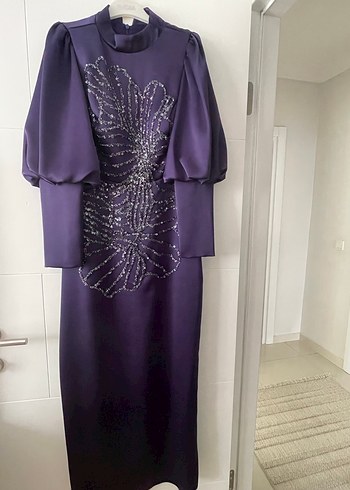 Mor Uzun Kollu İşlemeli Abiye Elbise - Görsel 2