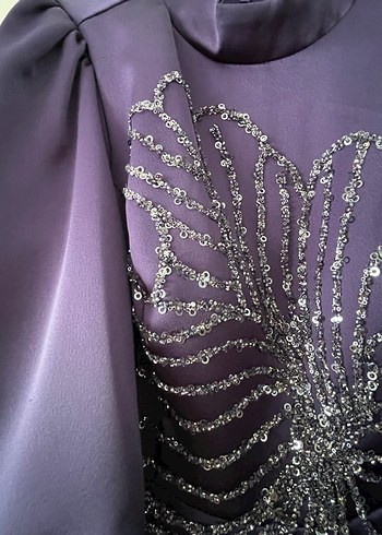 Mor Uzun Kollu İşlemeli Abiye Elbise - Görsel 4