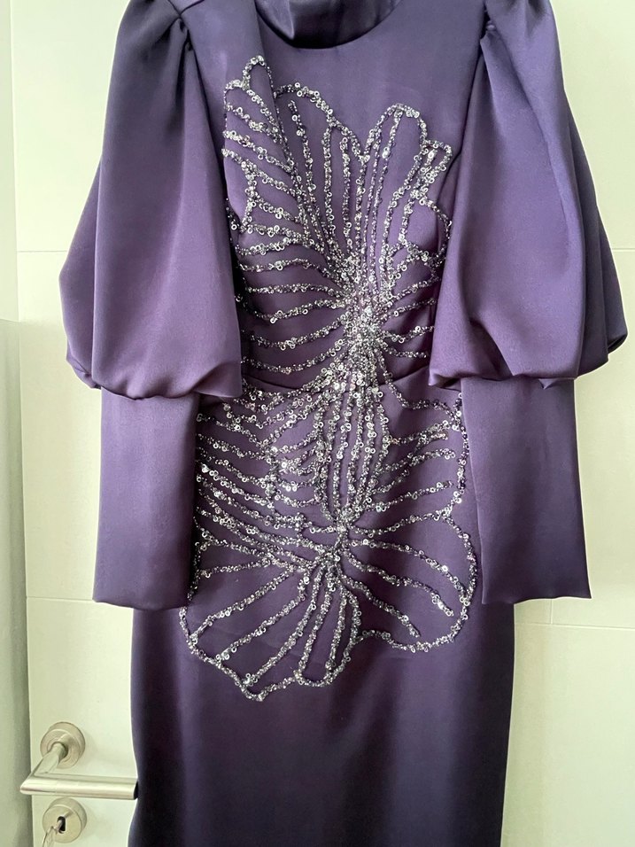 Mor Uzun Kollu İşlemeli Abiye Elbise - Görsel 3