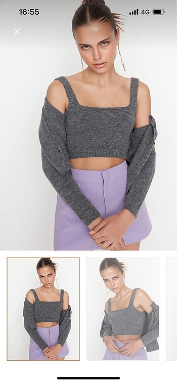 l Beden Trendyolmilla Antrasit Crop Yumuşak Dokulu Triko Takım